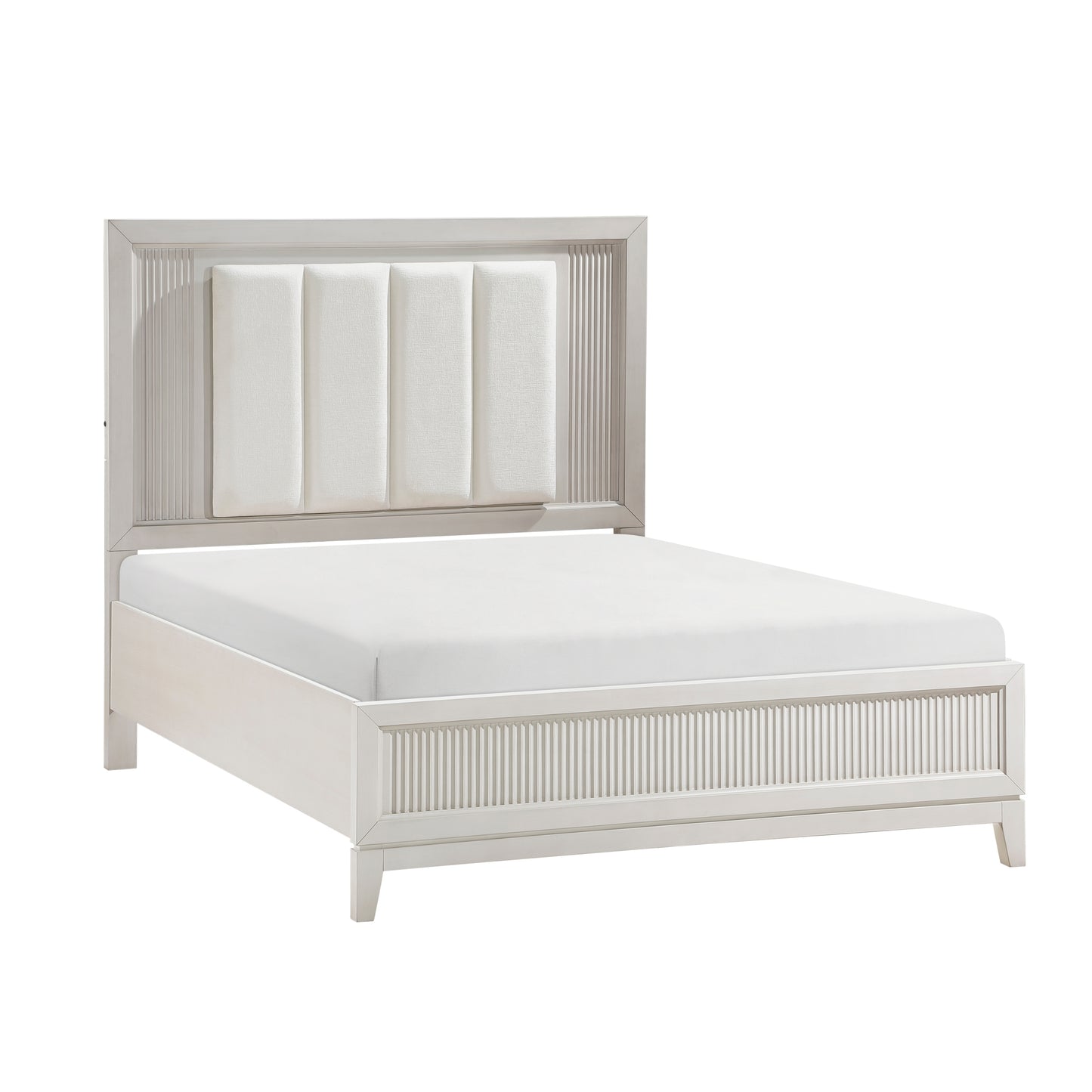 Antique White Finish King Bed with LED Headboard Upholstered Cushion Modern Bedroom Furniture 1pc, Reeded Fronts
