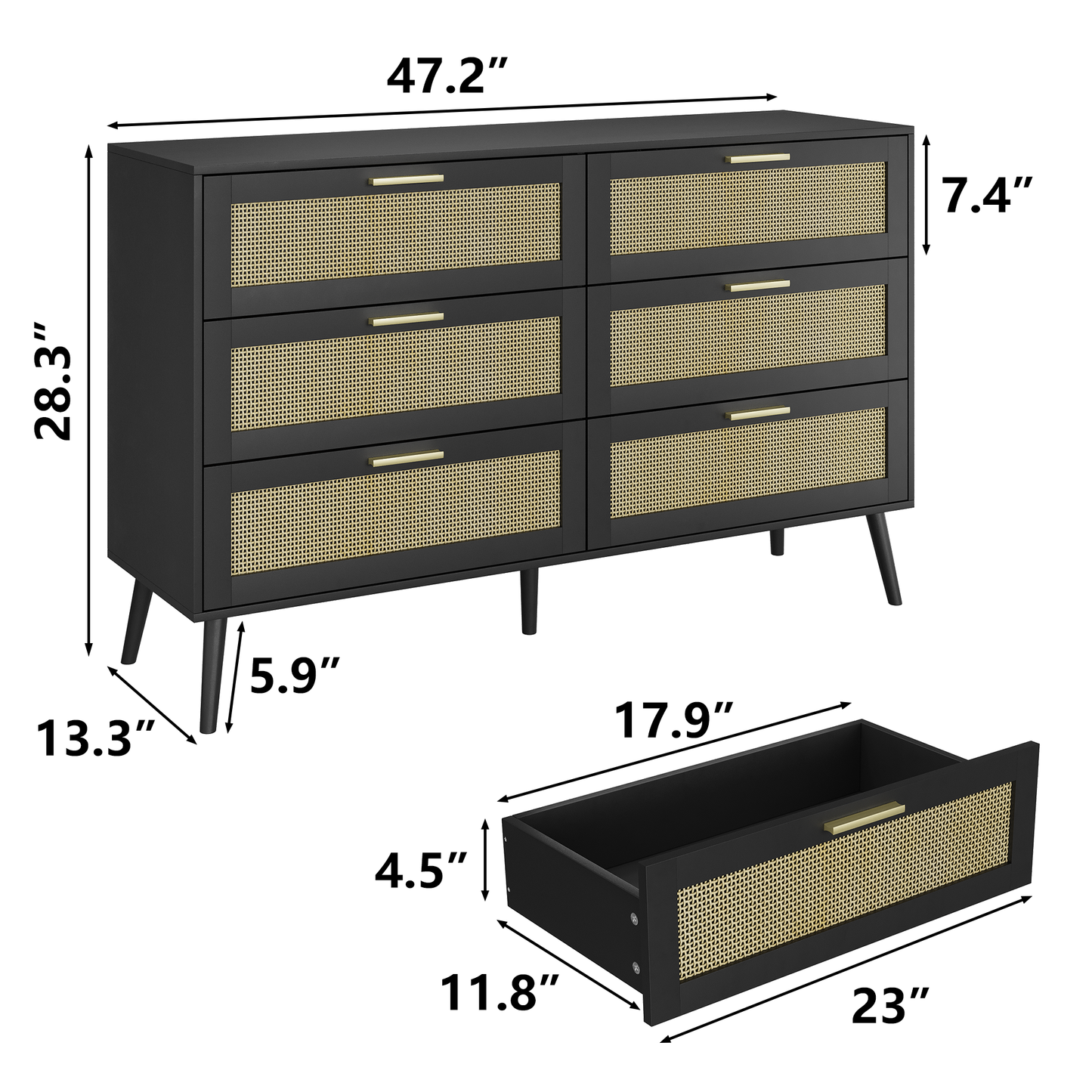 Rattan 6 Drawers Chest of Dressers for Bedroom  Modern 6 Drawer Dresser, Wide Chest of Drawers Storage Cabinet for Living Room, Bedroom, Hallway