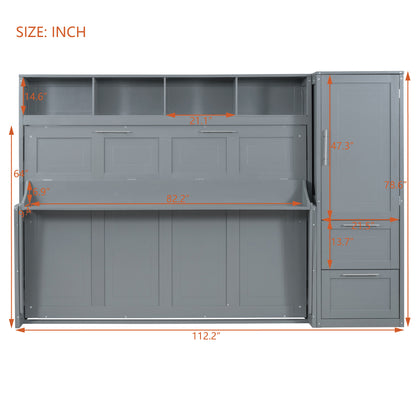 Queen Size Murphy Bed Wall Bed with Closet and Drawers,Gray