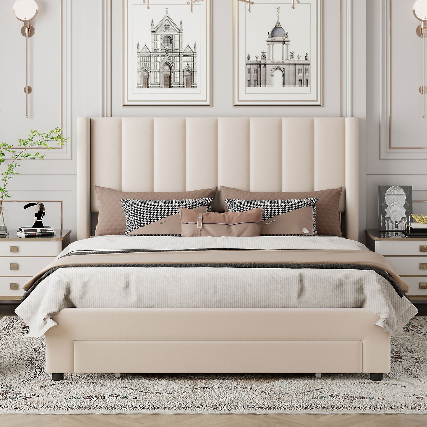 Queen Size Storage Bed Velvet Upholstered Platform Bed with a Big Drawer - Beige(old sku:WF296854AAA)