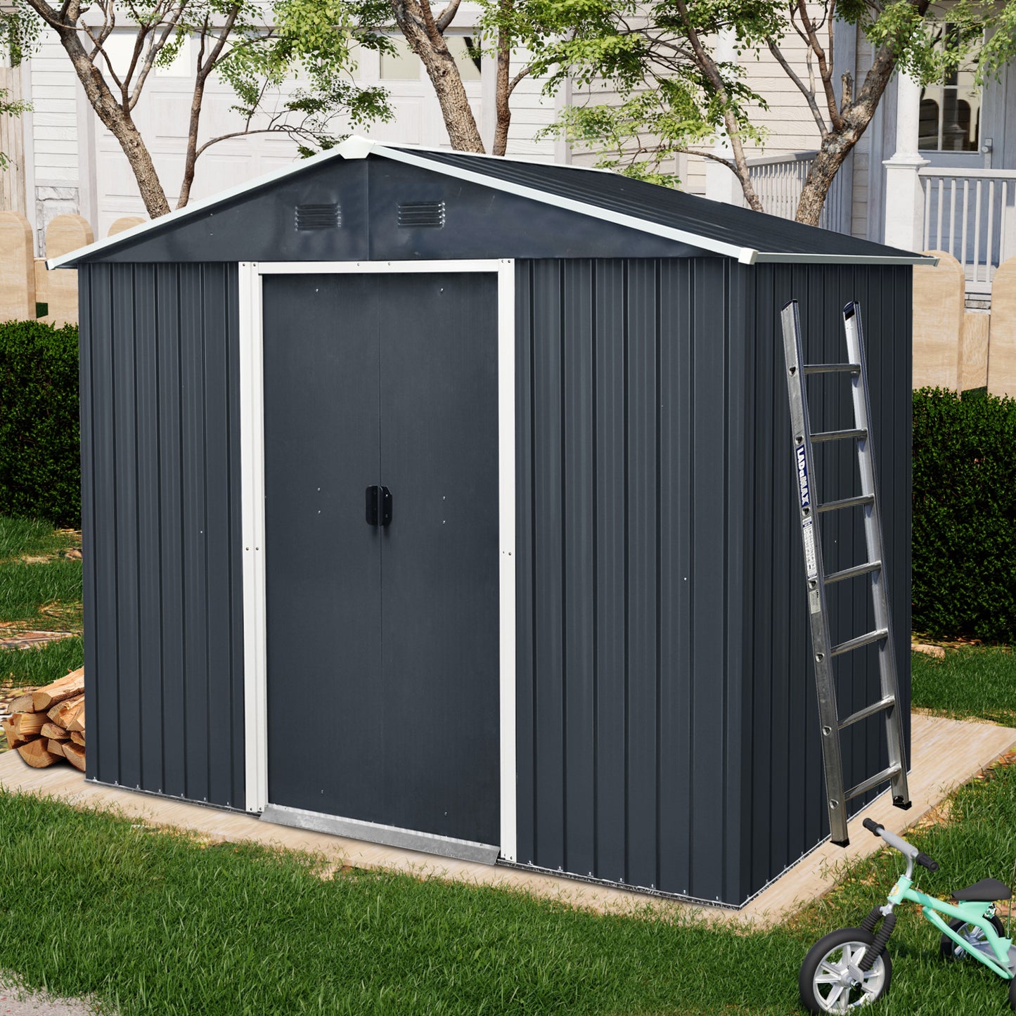 8ft x 4ft Outdoor Metal Storage Shed with Sliding Door and foundation for Backyard, Patio, Lawn  (Black and White)