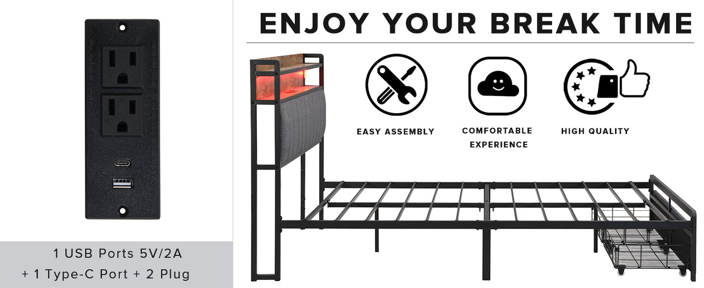 Queen Bed Frames with Storage Headboard and Drawers, LED Platform Bed Frame Queen Size, LED Upholstered Bed Frame with Charging Station, No Box Spring Needed, Easy Assembly, Grey