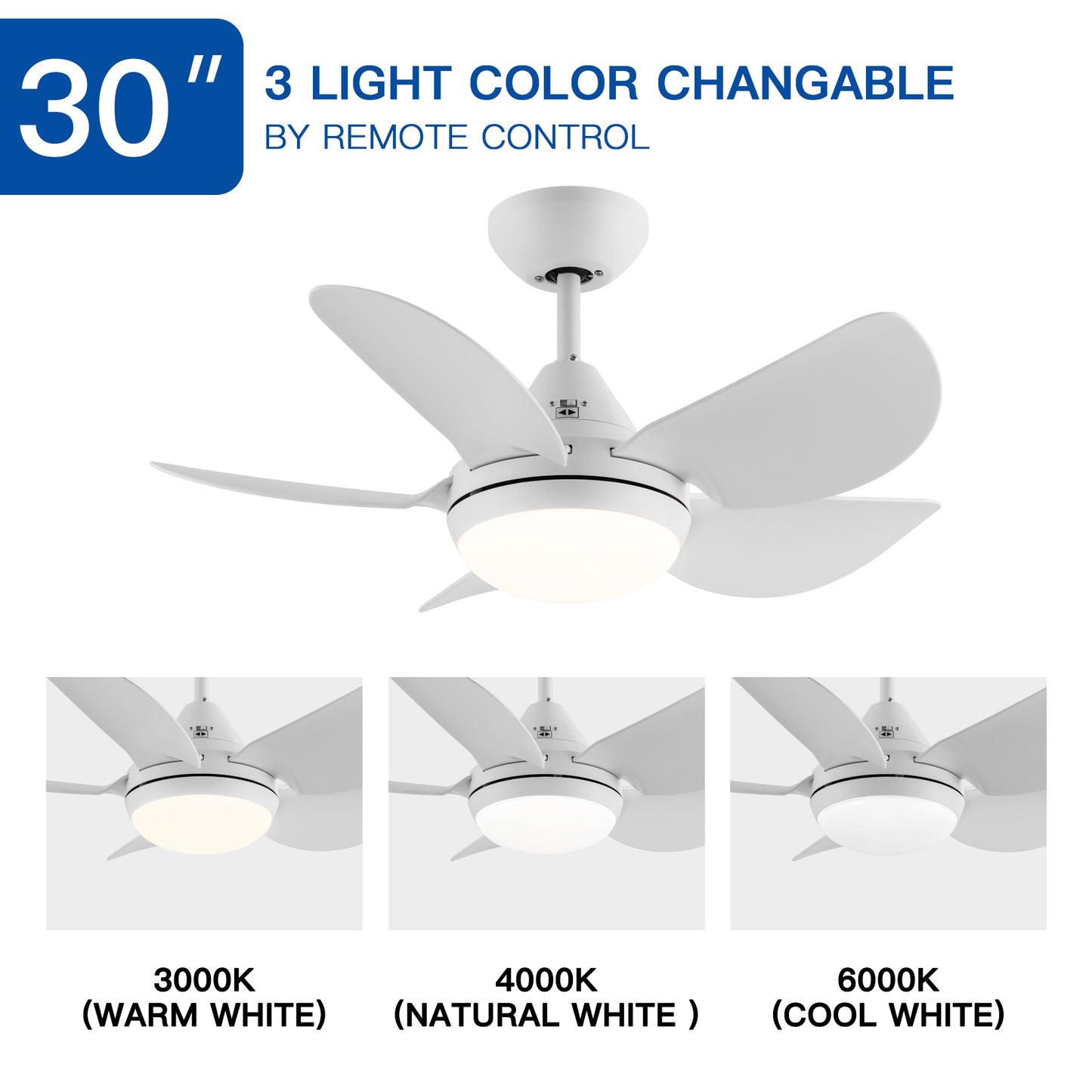 30 In Intergrated LED Ceiling Fan Lighting with White ABS Blade