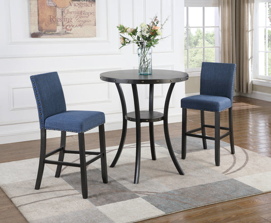 Biony 3-Piece 36' Round Espresso Finish Bar Table with 2 Blue Fabric Nail Head Pub Chairs