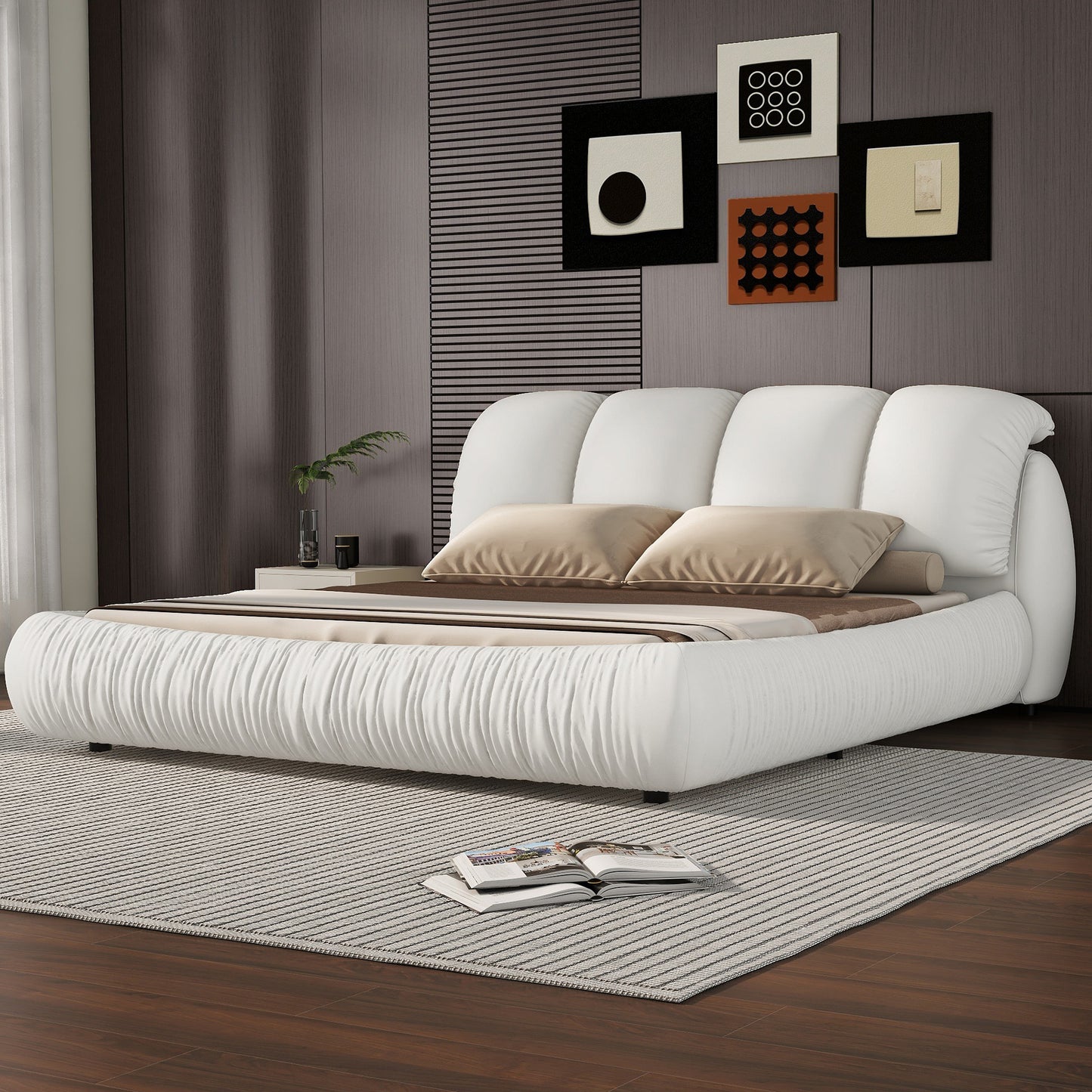 Queen Size Luxury Upholstered Bed With Thick Headboard, Leather Queen Bed with Oversized Padded Backrest, White(Expect Arrival Date 2024/3/27)