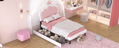 Twin Size Upholstered Princess Bed With Crown Headboard and 2 Drawers,Twin  Size Platform Bed with Headboard and Footboard, Pink+White