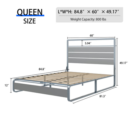 Queen Size Bed Frame with Headboard, Metal Platform Bed Frame with Charging Station, Heavy Duty Platform Bed Frame with LED, Easy Assembly, Silver