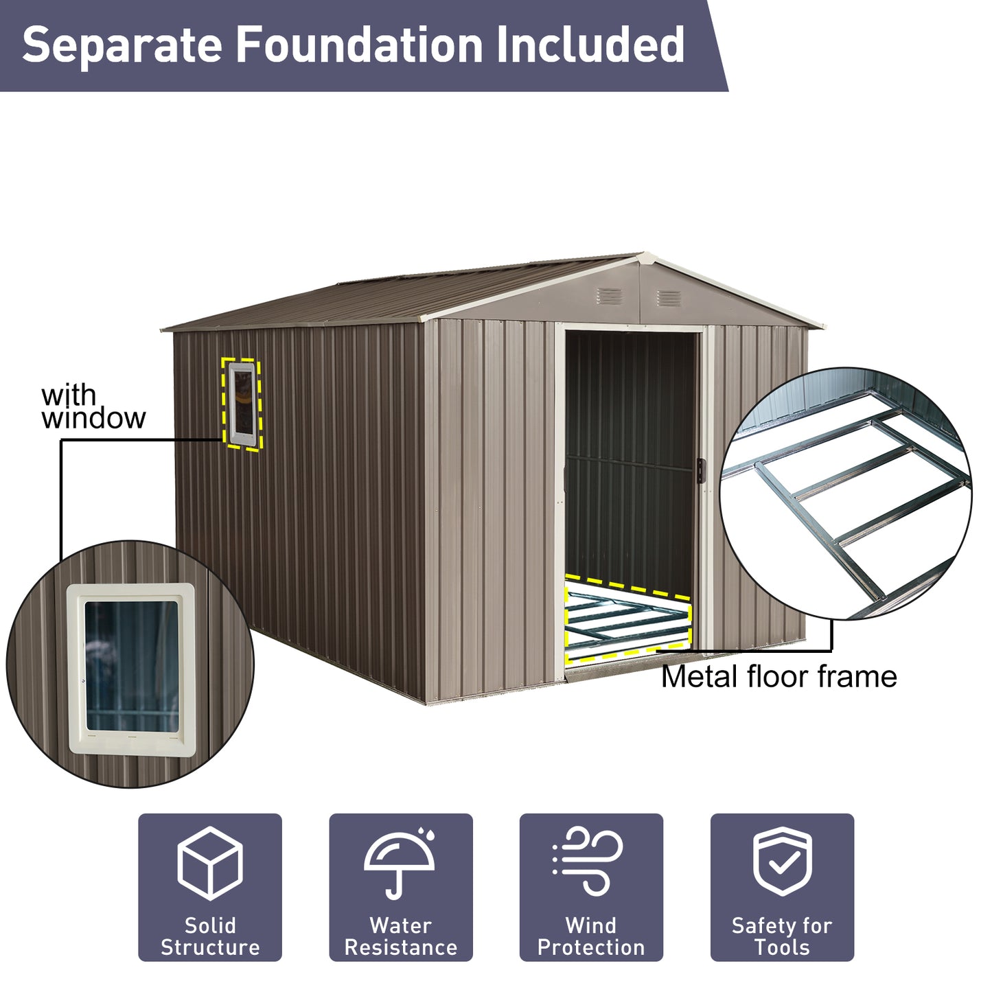 8ft x 10ft Outdoor Metal Storage Shed with Metal Foundation,with Window,Grey(W540S00017)