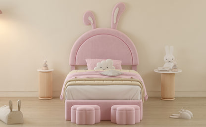 Twin size Upholstered Rabbit-Shape Bed with 2 Storage Stools, Velvet Platform Bed with Cartoon Ears Shaped Headboard, Pink