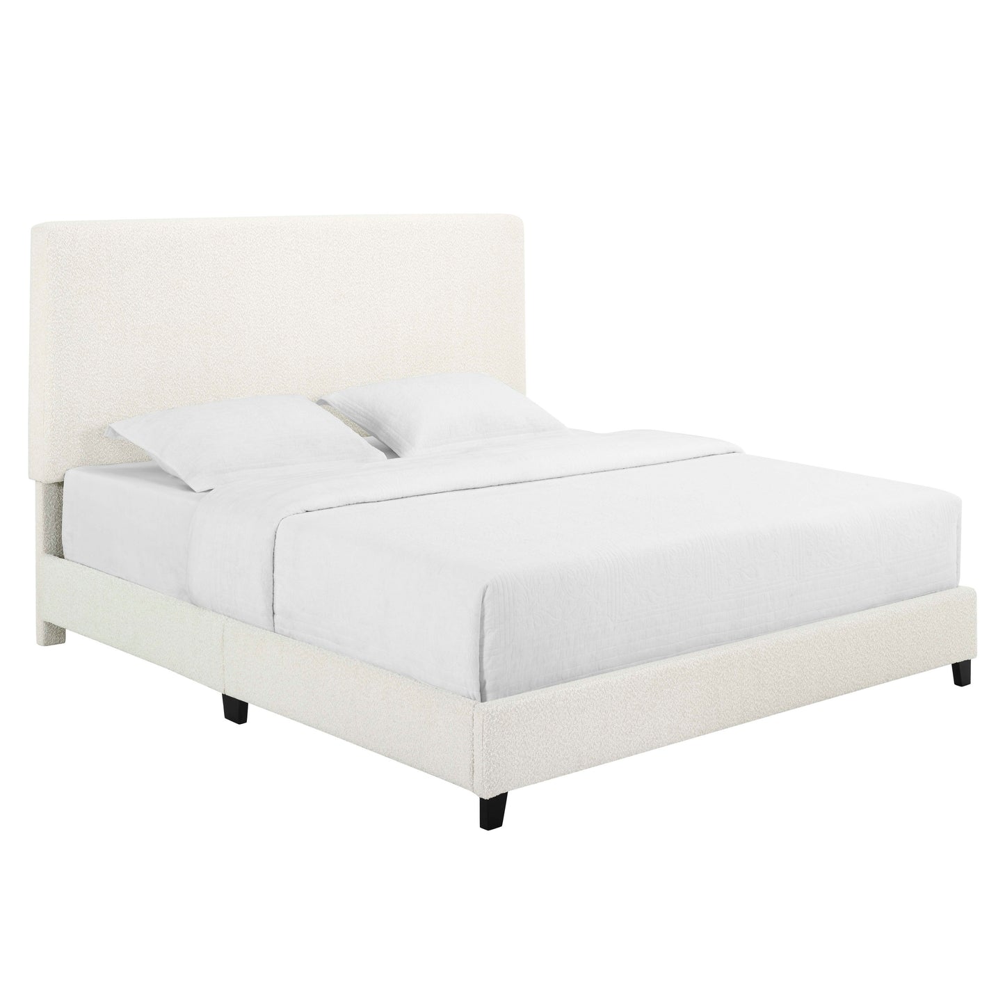 Queen Size White Boucle Upholstered Platform Bed