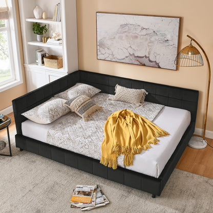 Queen Size Upholstered Tufted Bed Frame, Sofa Bed Frame with Comfortable Backrest and Armrests, Queen Size Bed for Bedroom, Living Room,Velvet, BLACK(85.5''*64.5''*30.5'')