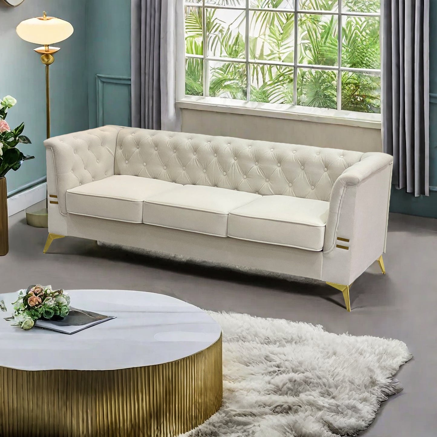 FX-P83-CW (sofa) -Modern Velvet Living Room Chesterfield design 82.7inch Wide Sofa cream white color