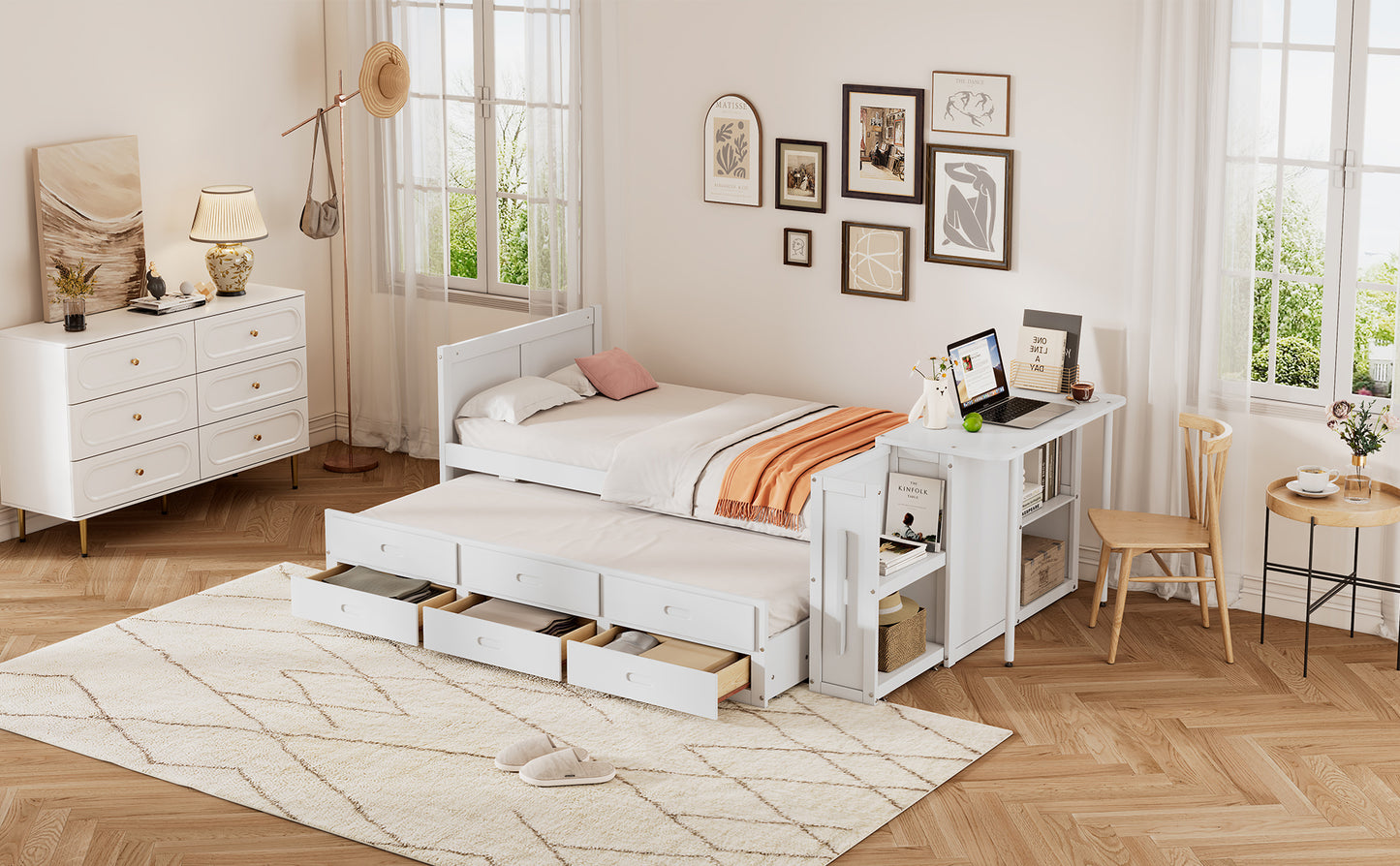 Twin Size Multifunctional Wood Platform Bed with Desk and Storage Shelf at the End of the Bed, Built-in Trundle and 3 Drawers, White