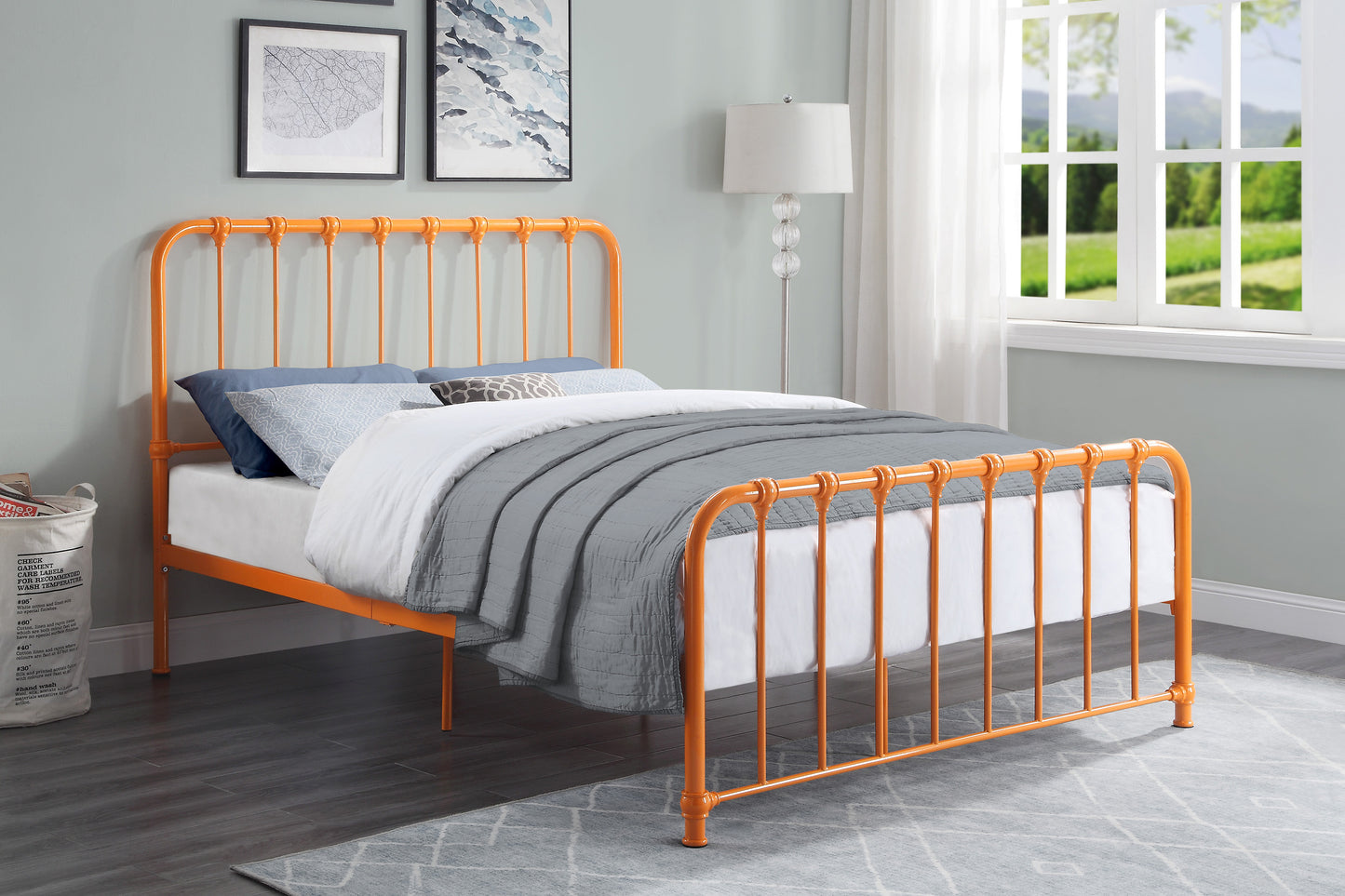 Metal Bed Orange Finish Queen Platform Bed 1pc, Bed in a Box