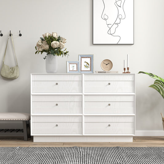 6 Drawer Dresser, Modern Closet Dressers Chest Of Drawers With Crystal Knobs & Decorative Painted Strip-White