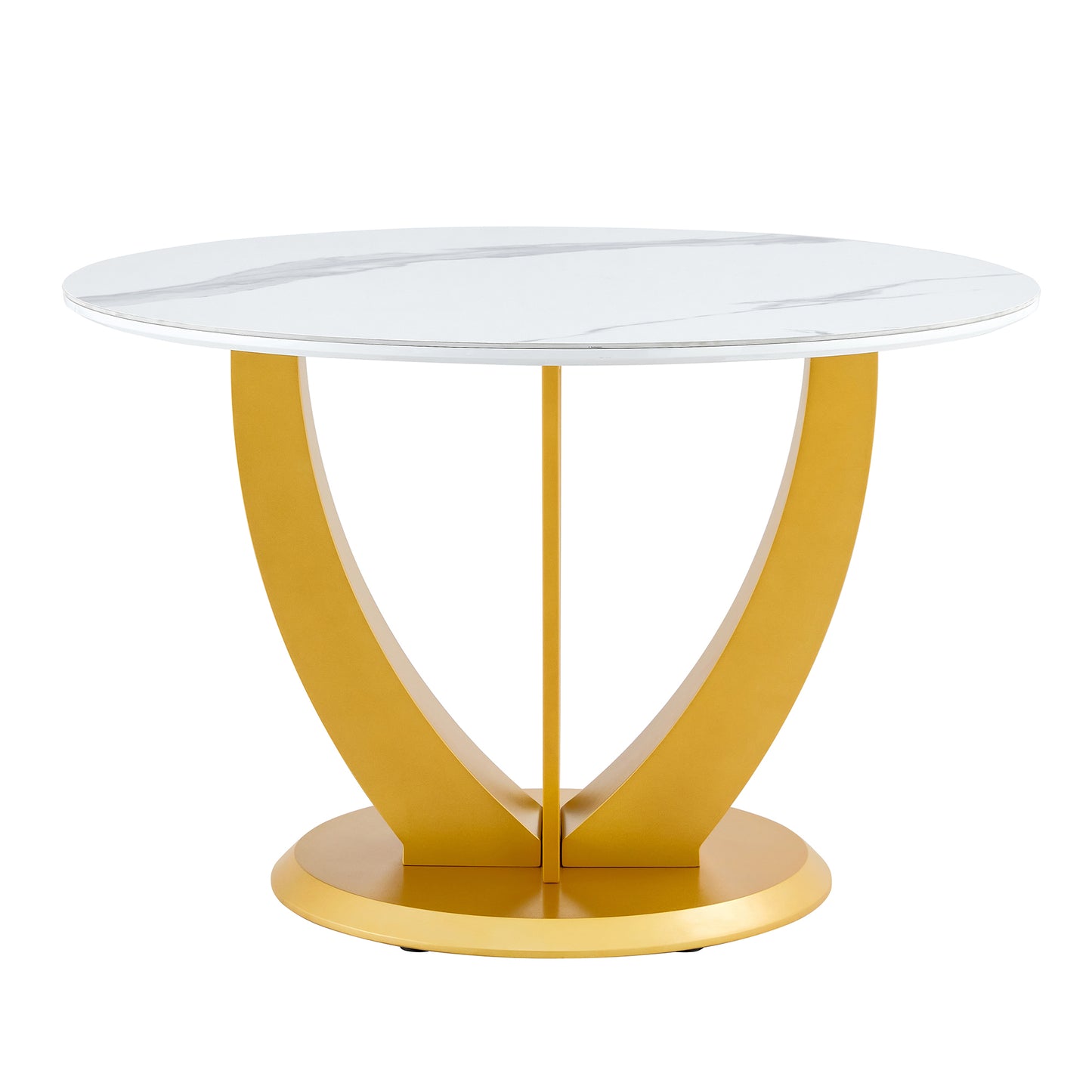 A modern minimalist round white patterned table top measuring 48 inches in diameter with gold MDF legs. Suitable for dining and living rooms.