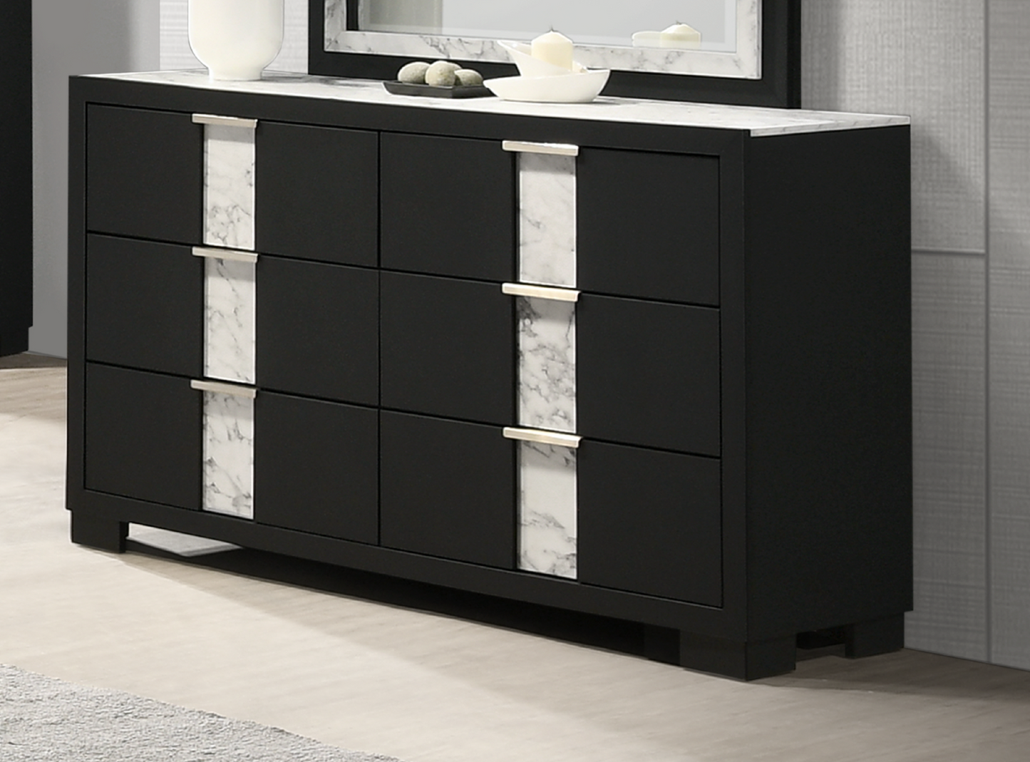 1pc Contemporary Dresser Six Drawers Metal knobs Black White Finish Bedroom Wooden Furniture