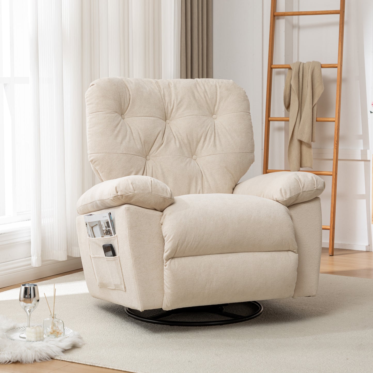 Beige Relaxing Recliner Chair,Soft Artificial Fleece, Overstuffed, Swivel, Glider, Side Pocket