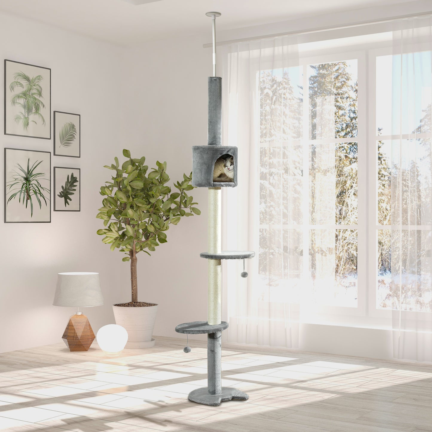 PawHut 85.5" Cat Tree Height Adjustable Floor-to-Ceiling 4-Tier Kitty Climbing Activity Center Condo Cat Toy with Scratching Post Hanging Balls Play Rest Post Pet Furniture Grey