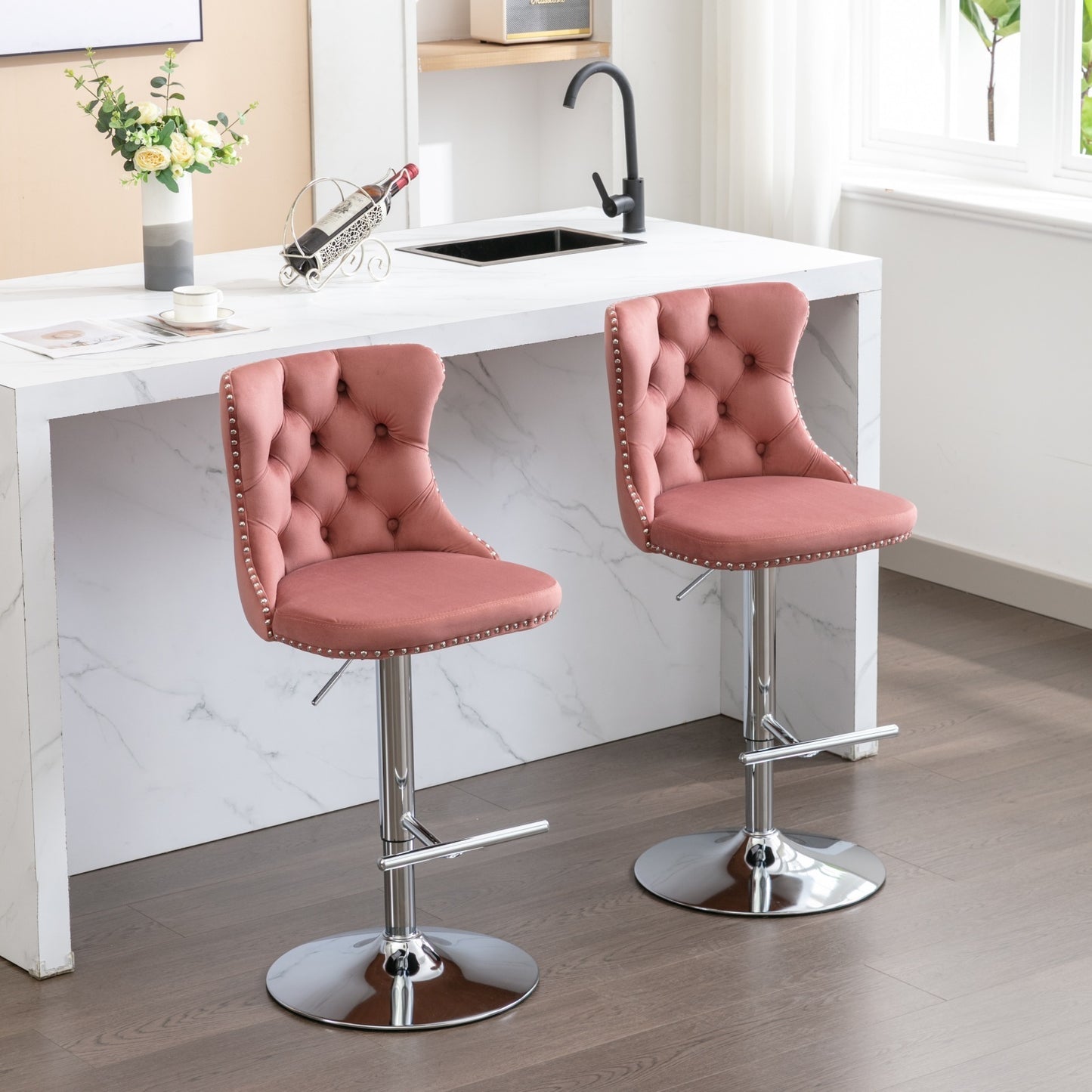 Swivel Velvet Barstools Adjusatble Seat Height from 25-33 Inch, Modern Upholstered Chrome base Bar Stools with Backs Comfortable Tufted for Home Pub and Kitchen Island, Pink,Set of 2,1712PK