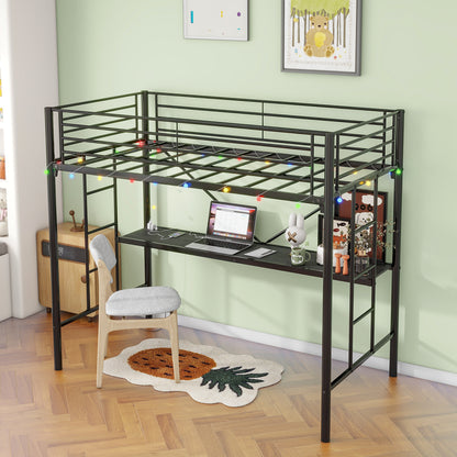 Twin Metal Loft Bed with Desk, Power Outlet and LED Lighted , Safety Guard & Ladder, No Box Spring Needed, Black