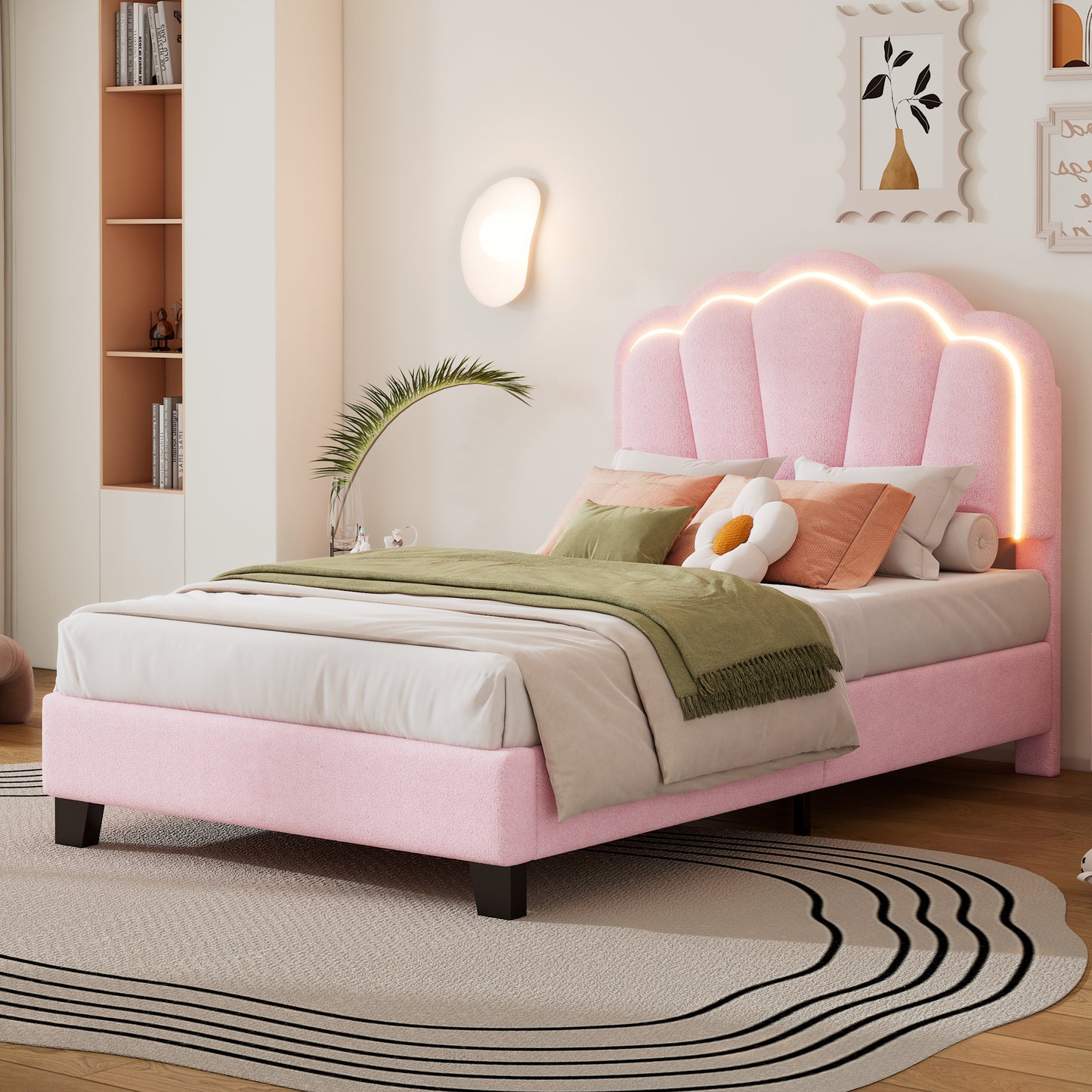 Twin Size Upholstered Flower-Shape Bed, Elegant Flowers Headboard with LED Light Strip ,Sherpa Fabric Platform Bed with Wooden Slats Support, Pink