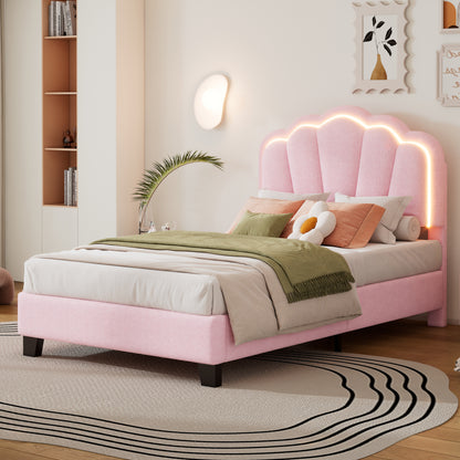 Twin Size Upholstered Flower-Shape Bed, Elegant Flowers Headboard with LED Light Strip ,Sherpa Fabric Platform Bed with Wooden Slats Support, Pink