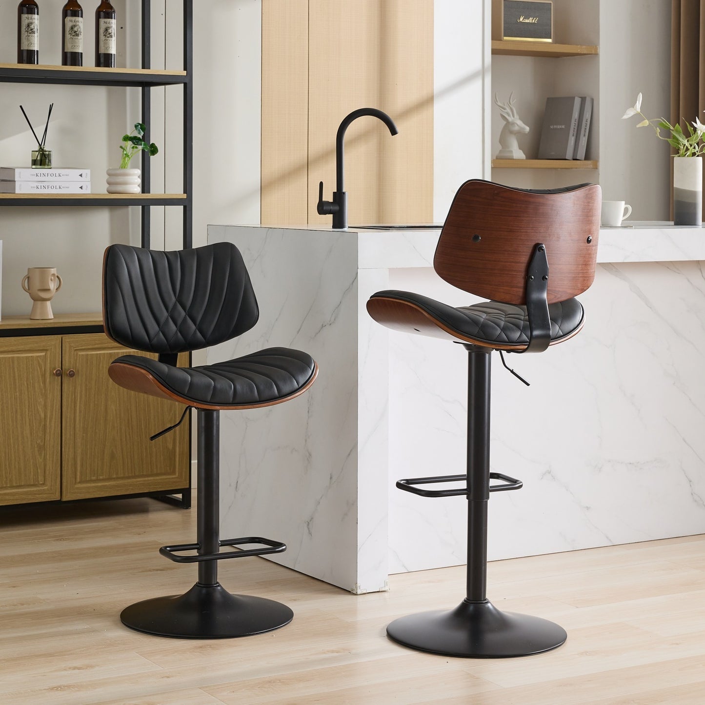 Walnut Bentwood Bar Stools Mid Century Modern Adjustable Counter Height Black Leather Upholstered 360°Swivel Bar Chairs for Kitchen Island/Dining Room/Cafe, 1 chair/1carton,Black