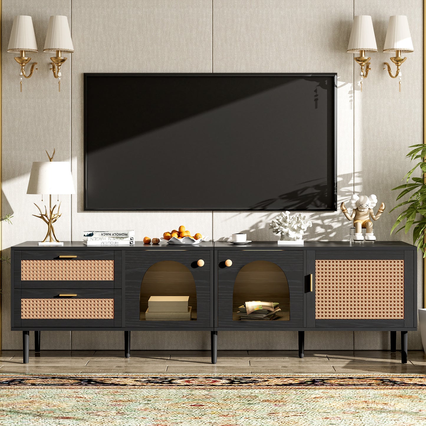 Rattan TV Stand with 3 Cabinets & 2 Drawers, Rattan-inspired Media Console Table for TVs up to 80'', LED Light Entertainment Center, TV cabinet for Living room, Bedroom, Home Theatre