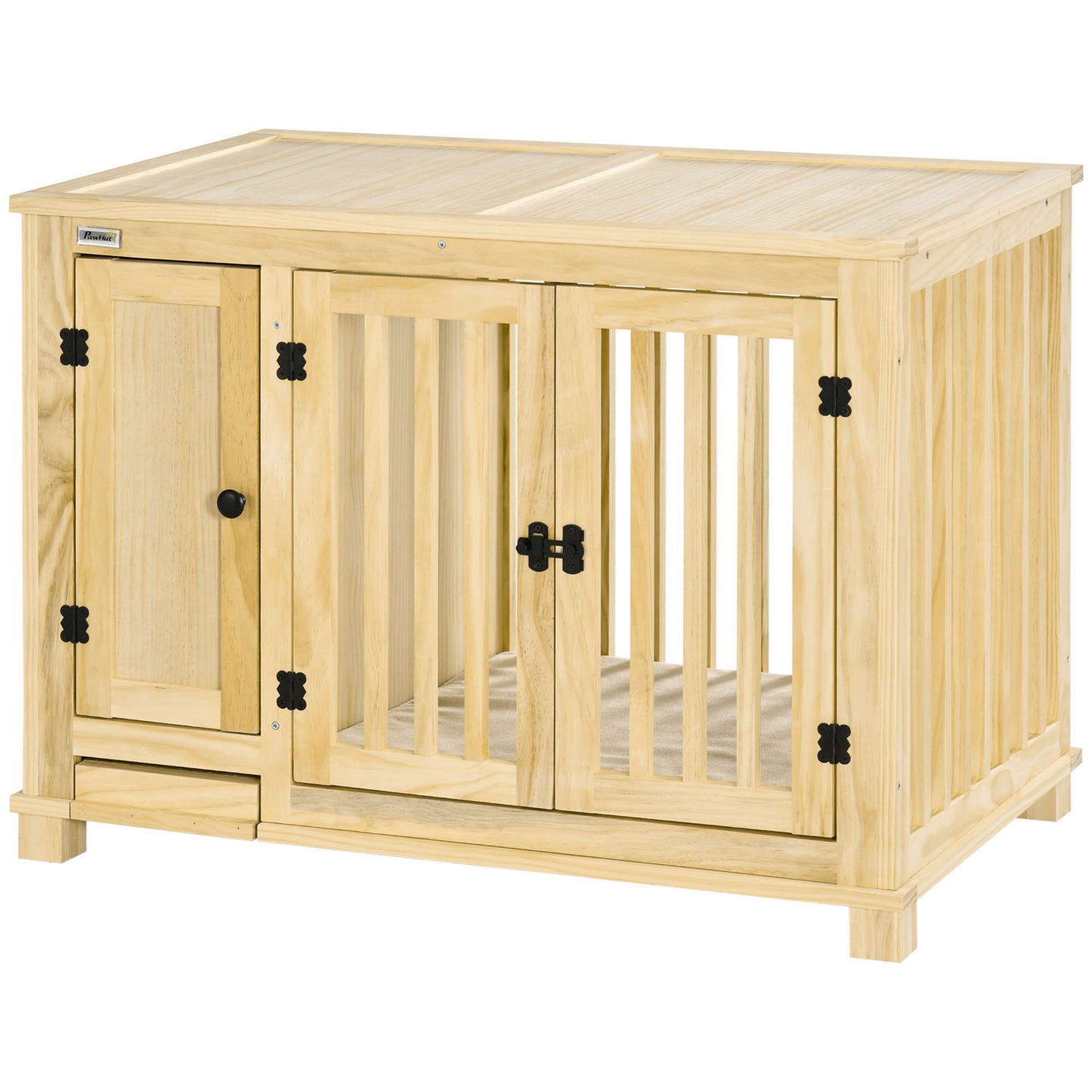 PawHut Wood Dog Crate Furniture with Hidden Food Bowl in Drawer, Dog Crate End Table with Cushion, Double Doors, for Small Dogs Indoor Use, Natural