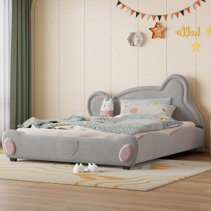 Queen Size Velvet Platform Bed with Bear-Shaped Headboard, with Bed-End Storage Pocket, Gray