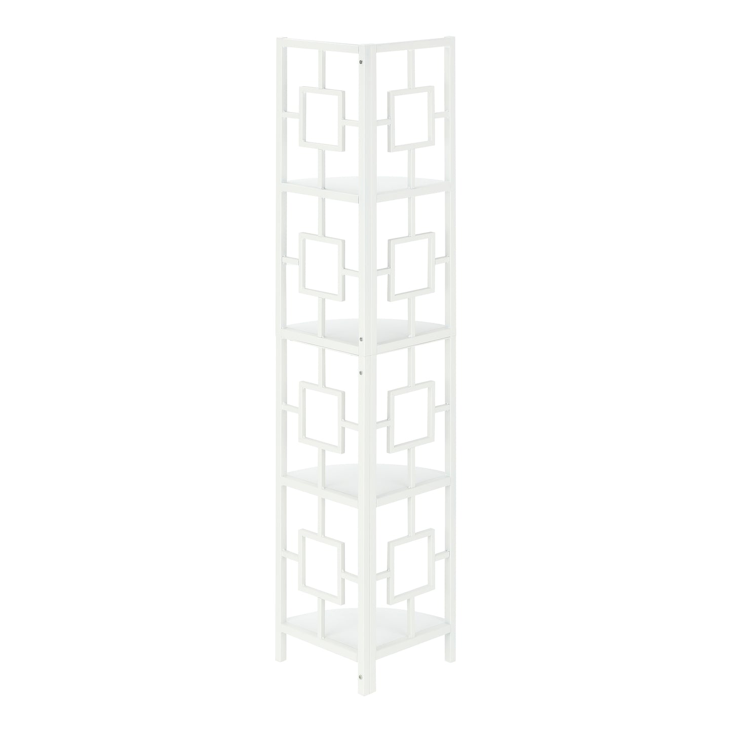 Bookshelf, Bookcase, Etagere, Corner, 4 Tier, 62"h, Office, Bedroom, White Laminate, White Metal, Contemporary, Modern