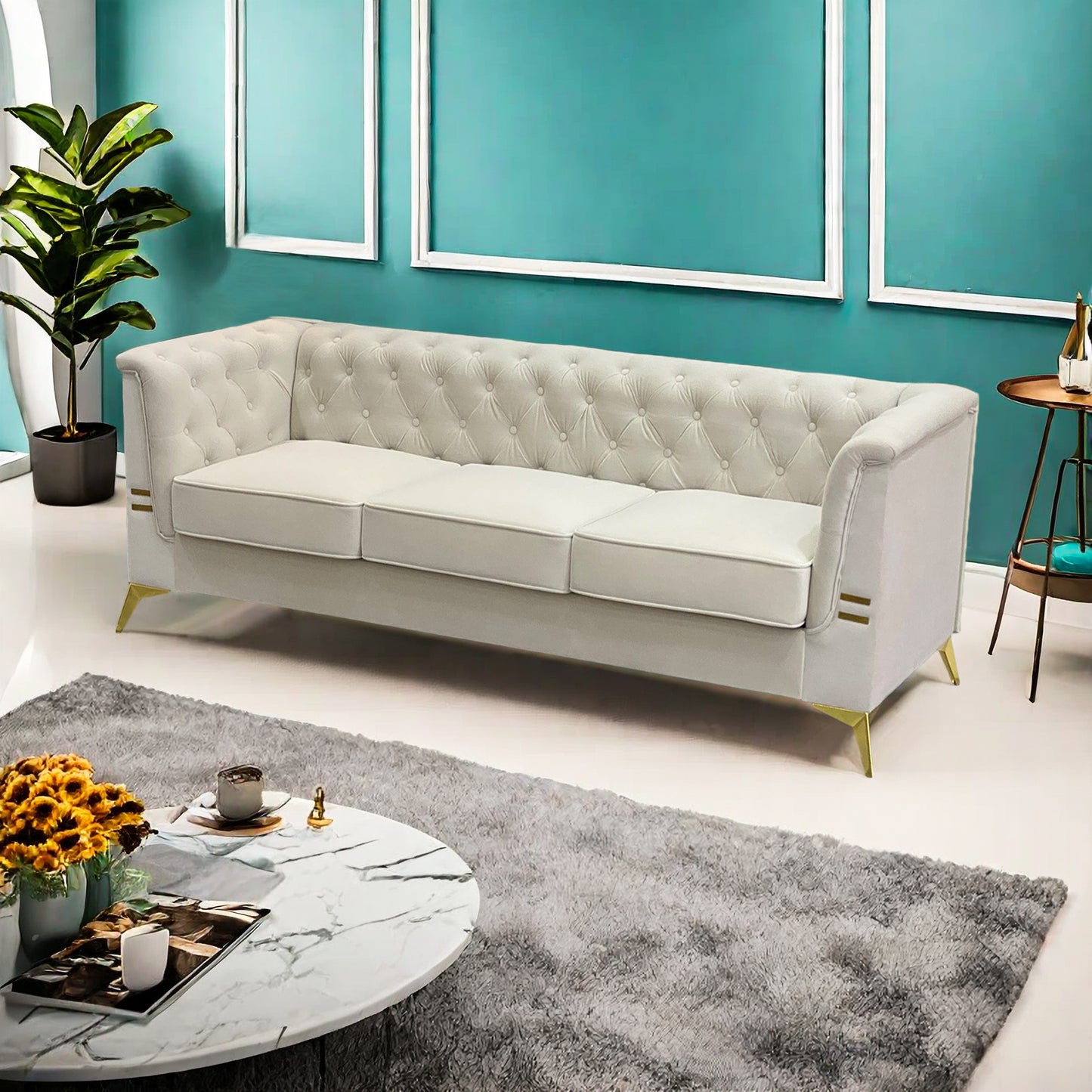 FX-P83-CW (sofa) -Modern Velvet Living Room Chesterfield design 82.7inch Wide Sofa cream white color