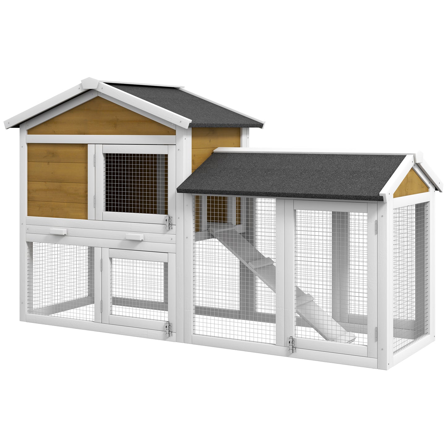 PawHut 58" Rabbit Hutch, Wooden Bunny Hutch, Guinea Pig Cage, Small Animal Enclosure with Run Area, Removable Tray, Asphalt Roof, Lockable Doors and Ramp, Nature Wood