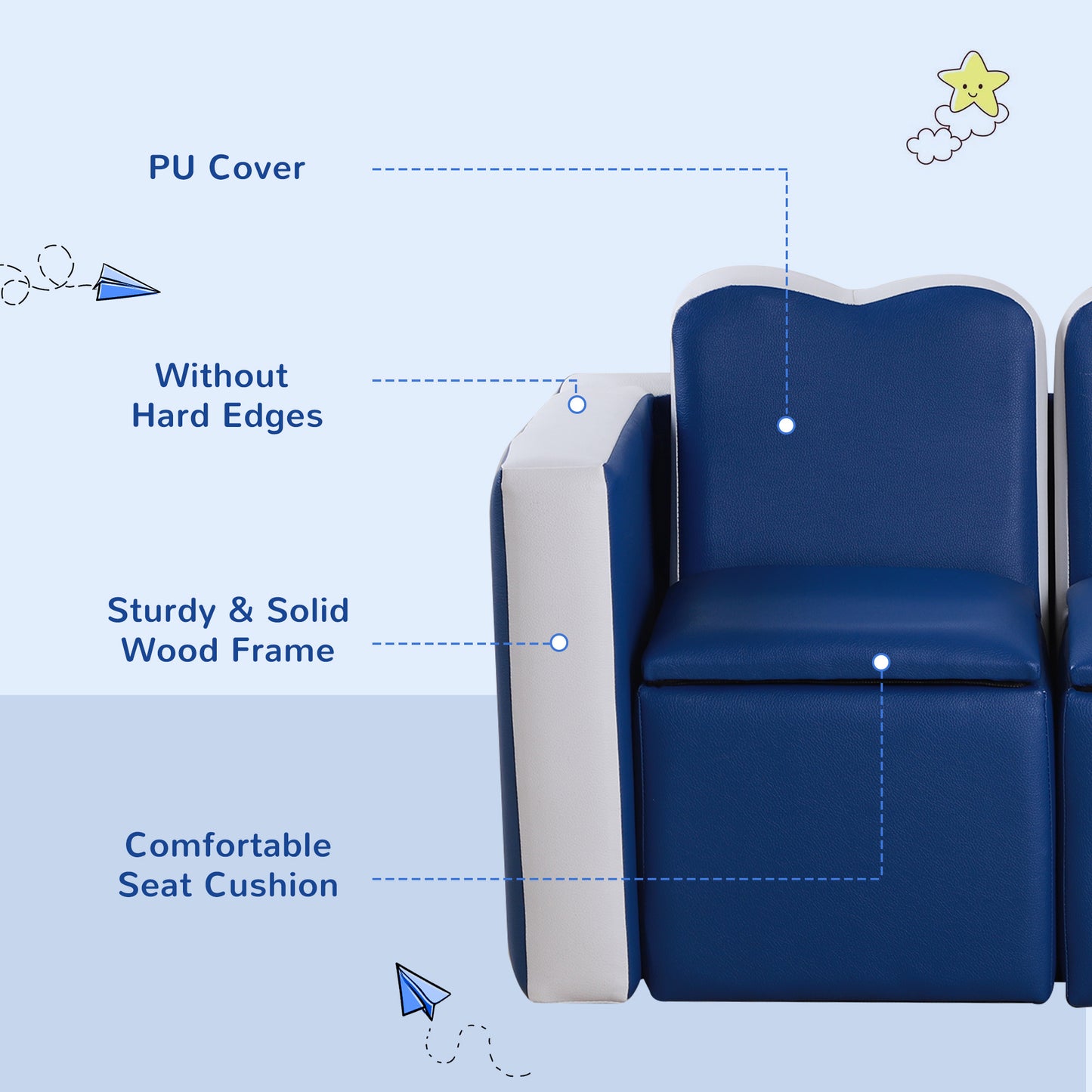 Kids Sofa Set 2-in-1 Multi-Functional Toddler Table Chair Set 2 Seat Couch Storage Box Soft Sturdy Blue