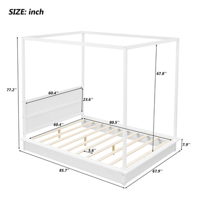 Queen Size Wood LED Canopy Bed ,Canopy Platform bed With Support Slats, No Box Spring Needed, White