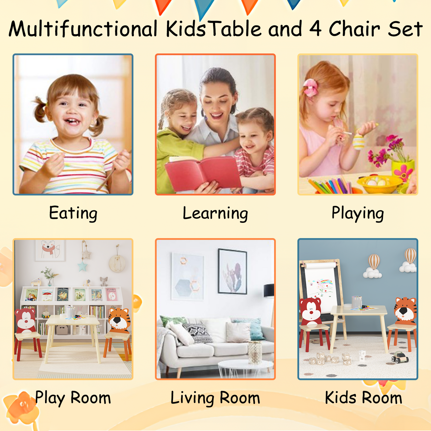 Kids Table and 2 Chairs Set, 3 Pieces Toddler Table and Chair Set, Wooden Activity Play Table Set (Bear&Tiger)