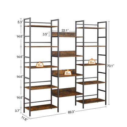 Triple Wide 5-shelf Bookshelves Industrial Retro Wooden Style Home and Office Large Open Bookshelves, Rustic Brown，69.3’’W x 11.8’’D x 70.1’’H