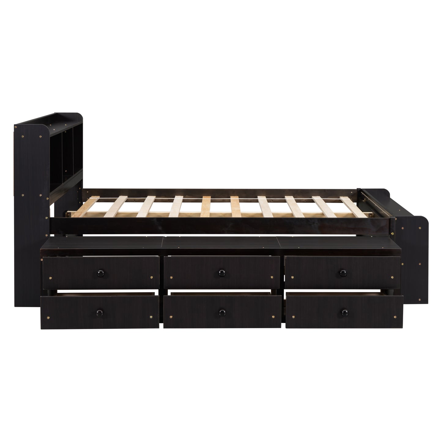 Full Bed with Bookcase Headboard, Under bed Storage Drawers and Bed End Storage Case,Espresso