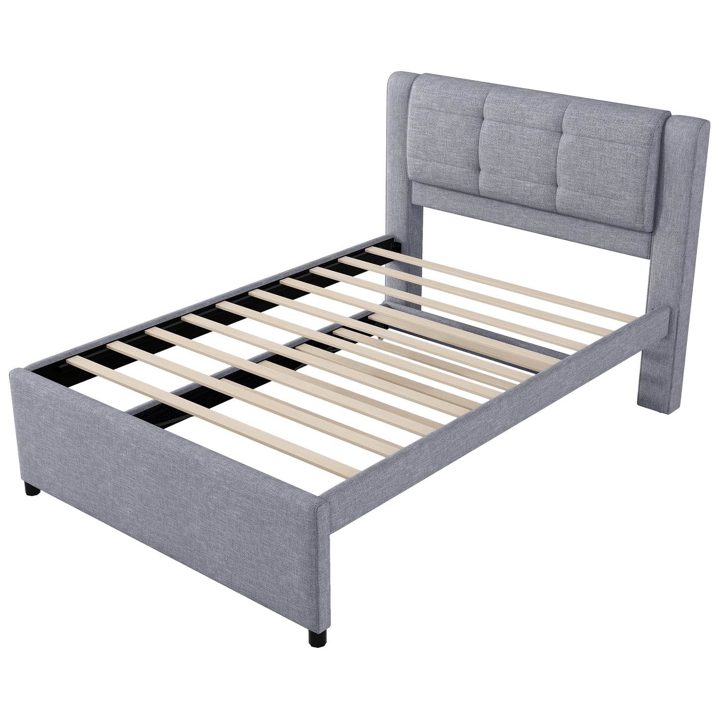 Full Size Upholstery platform bed with Trundle,Trundle can be flat or erected, Gray