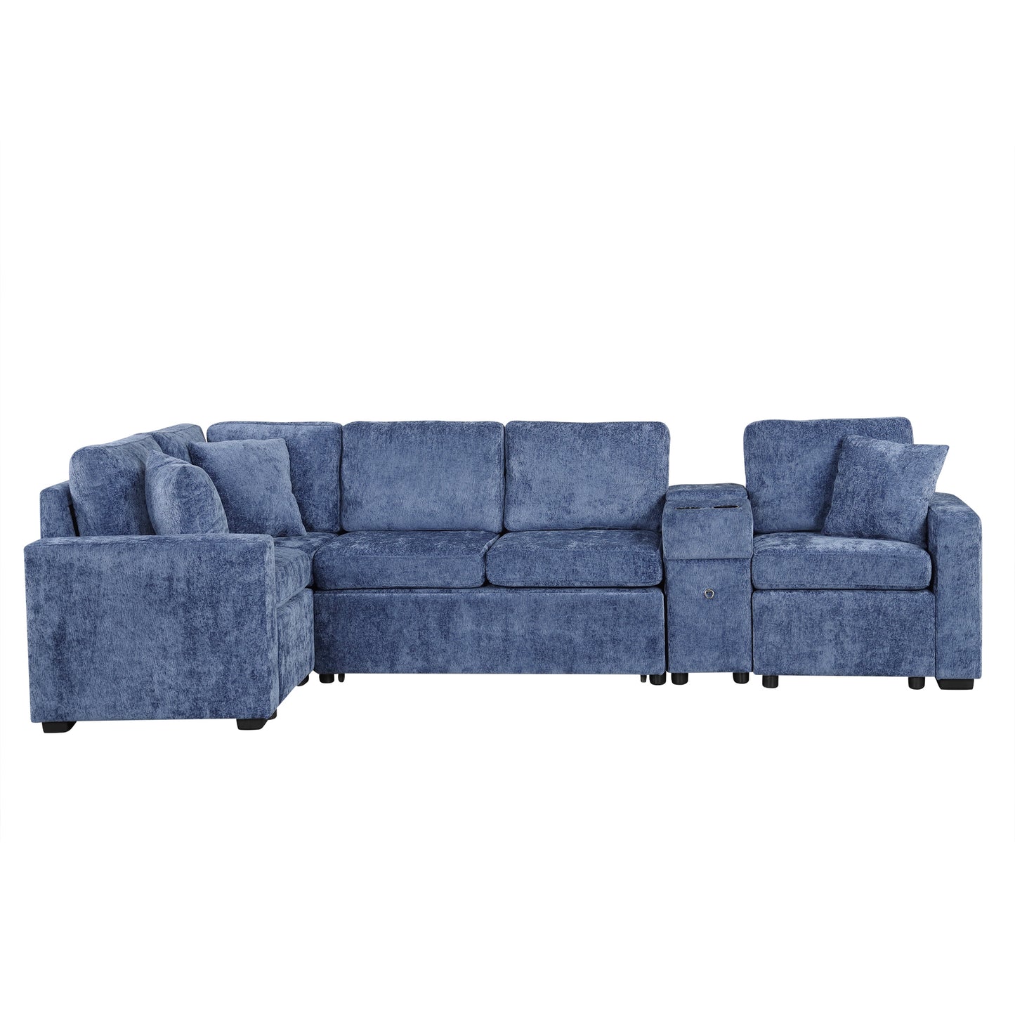 L-shaped Convertible Sofa Bed with Pull-Out Bed, Cup Holders, and Storage Space, Blue Chenille, 120.5'