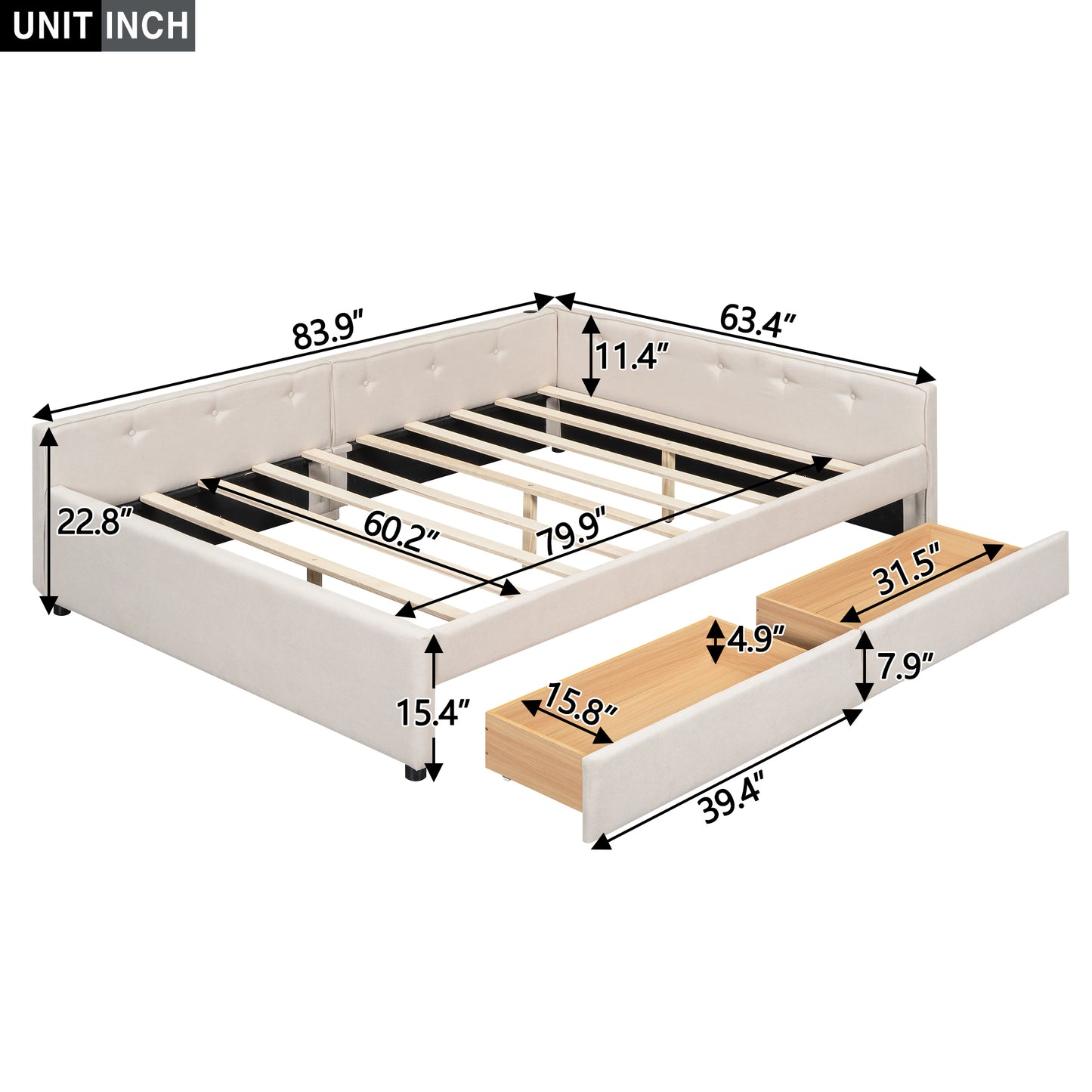 Queen Size Upholstered Platform Bed with USB and 2 Drawers, Beige