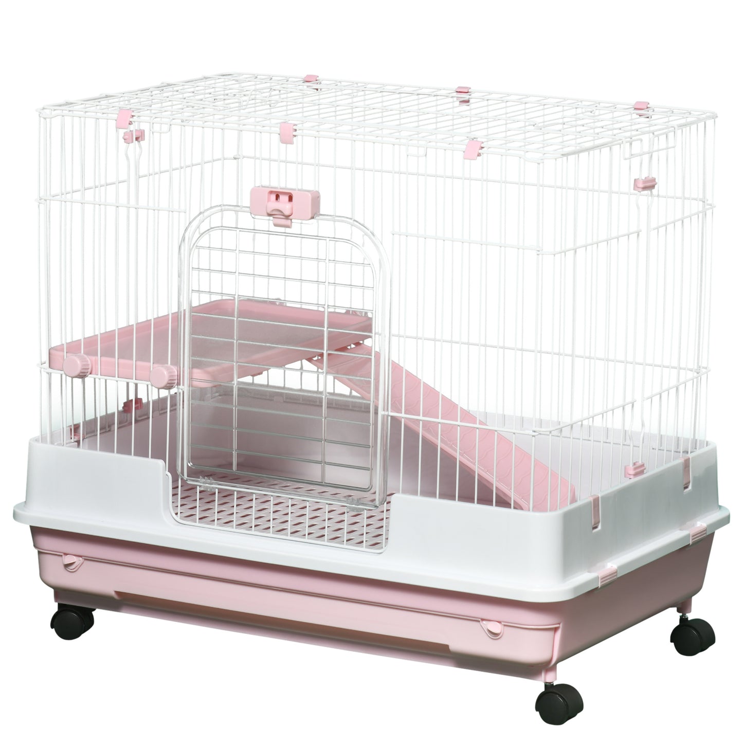 PawHut 2-Level Small Animal Cage Rabbit Hutch with Wheels, Removable Tray, Platform and Ramp for Bunny, Chinchillas, Ferret, Pink