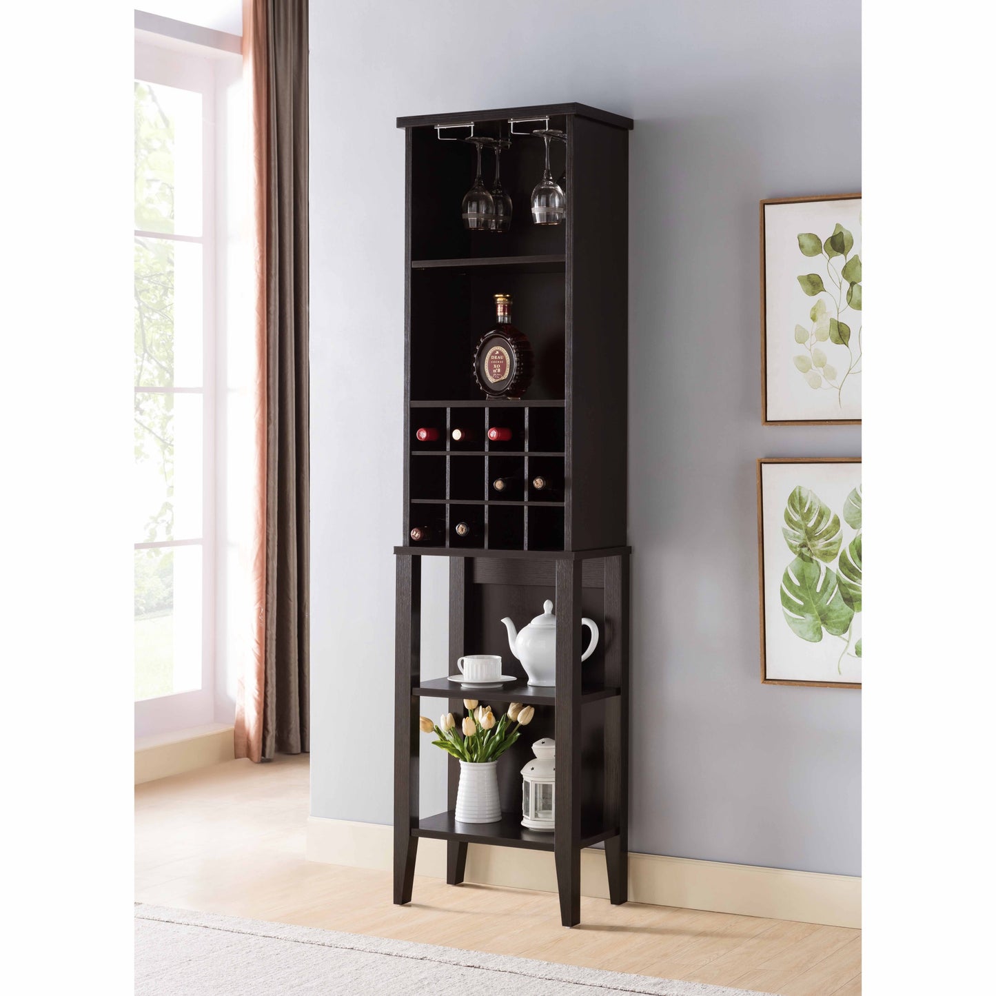 Wooden Wine bottle rack Metal wine glass rack Four shelves Red Cocoa color Espresso