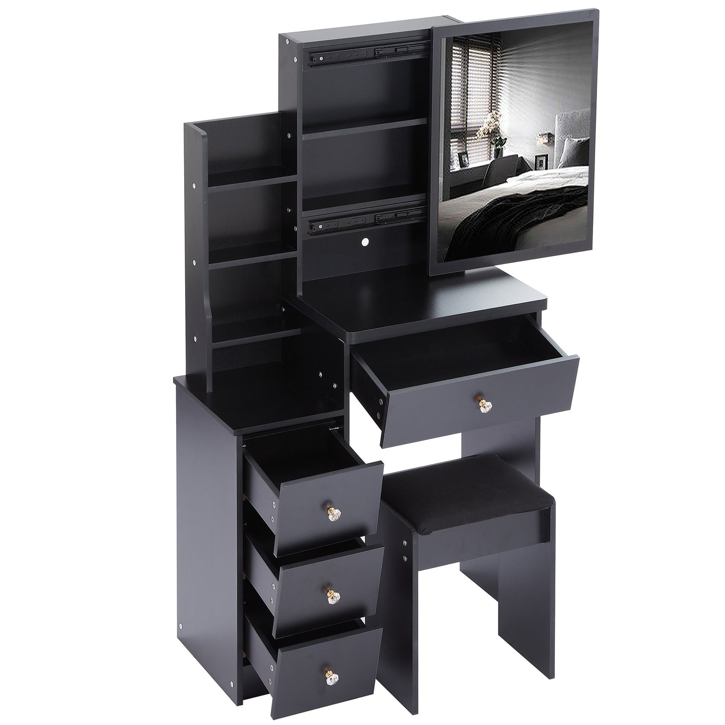 Small Size Left Bedside Cabinet Vanity Table + Cushioned Stool, Extra Large Sliding Mirror, Multi Layer, High Capacity Storage Fashionable Dresser, Suitable for Small Space, EPA,GCC,UL Certificate