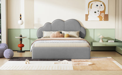 Queen size Upholstered Platform Bed with Cloud-shaped Headboard, Gray