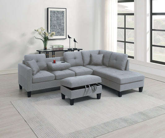 Living Room Furniture 3-PCS Sectional Sofa Set LAF Sofa RAF Chaise And Storage Ottoman Cup Holder Taupe Grey Color Linen-Like Fabric Couch