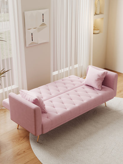 71 inch convertible love seat sofa, American retro pink velvet, suitable for small living room, bedroom, office