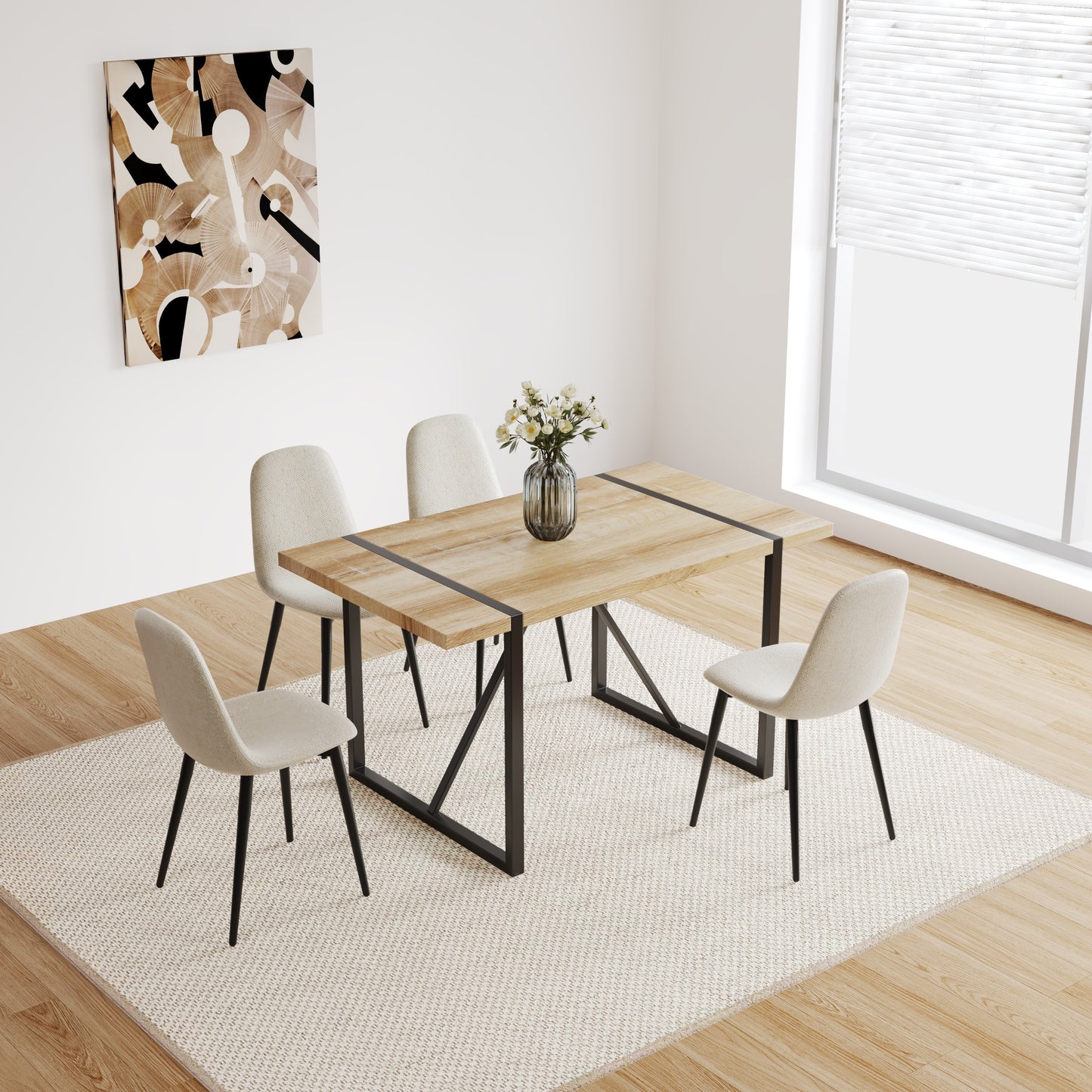 55" MDF Wood Colour Dining Table and Modern Dining Chair Set of 4, Mid Century Wooden Kitchen Table Set, Metal Base & Legs, Dining Room Table and Linen Chairs