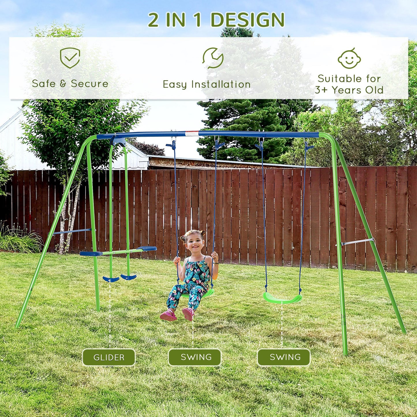 Outsunny Metal Swing Set with Glider, Two Swing Seats and Adjustable Height, Outdoor Heavy Duty A-Frame Suitable for Playground, Backyard, Green